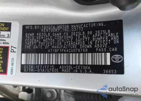 2012 Toyota Camry Se z USA, uszkodzony, nr VIN 4T1BF1FK4CU076769